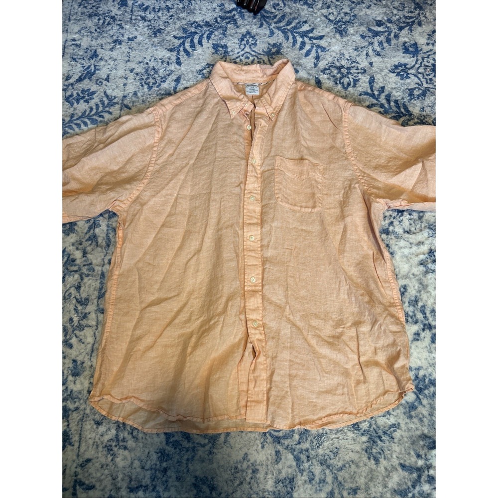 Brooks Brothers Shirt Mens 2xlOrange White Regent 100% Linen Short Sleeve Button